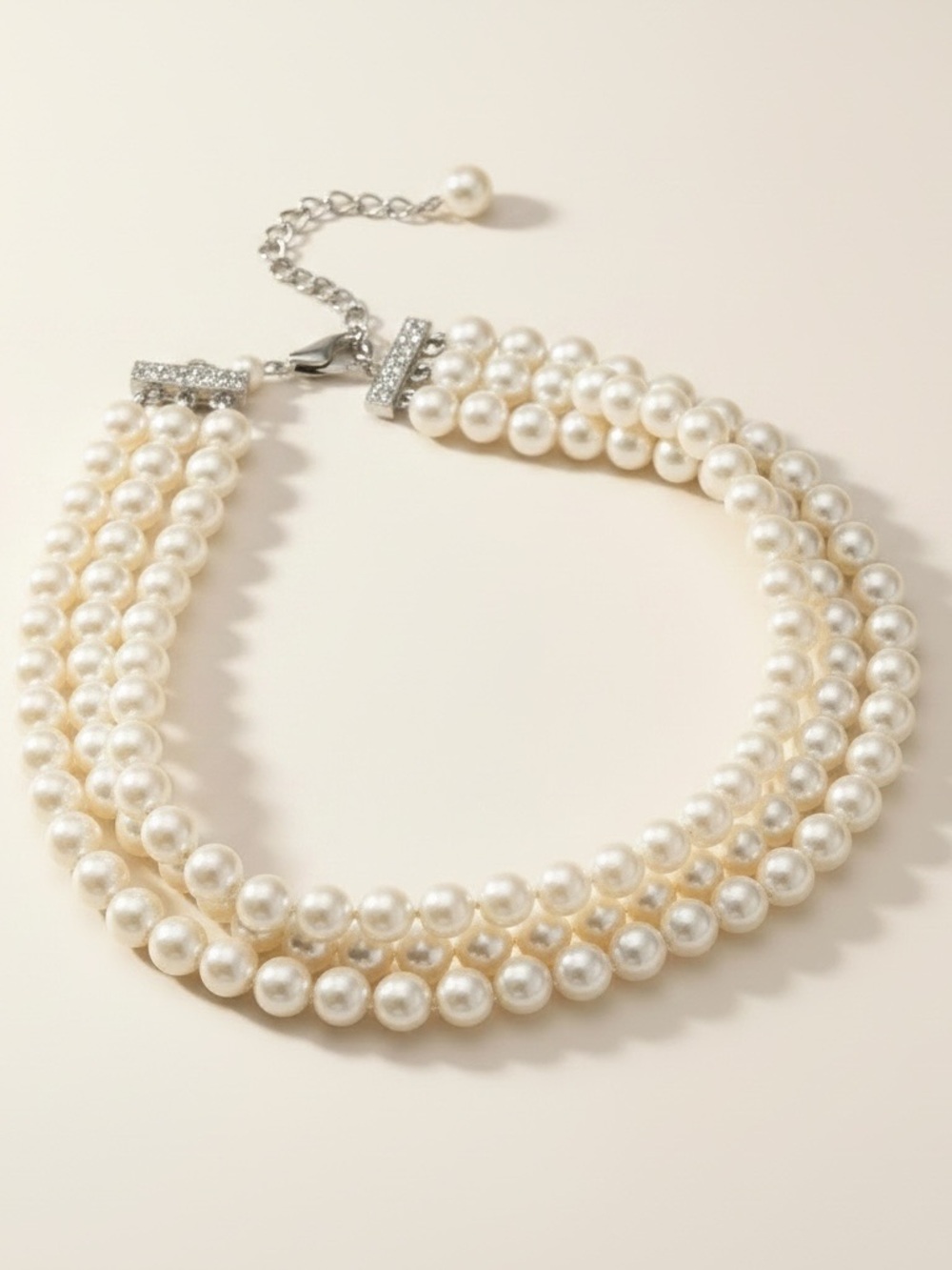Vintage 3-Strand Faux Pearl Choker Necklace Silver Rhinestone Clasp 13"-15"